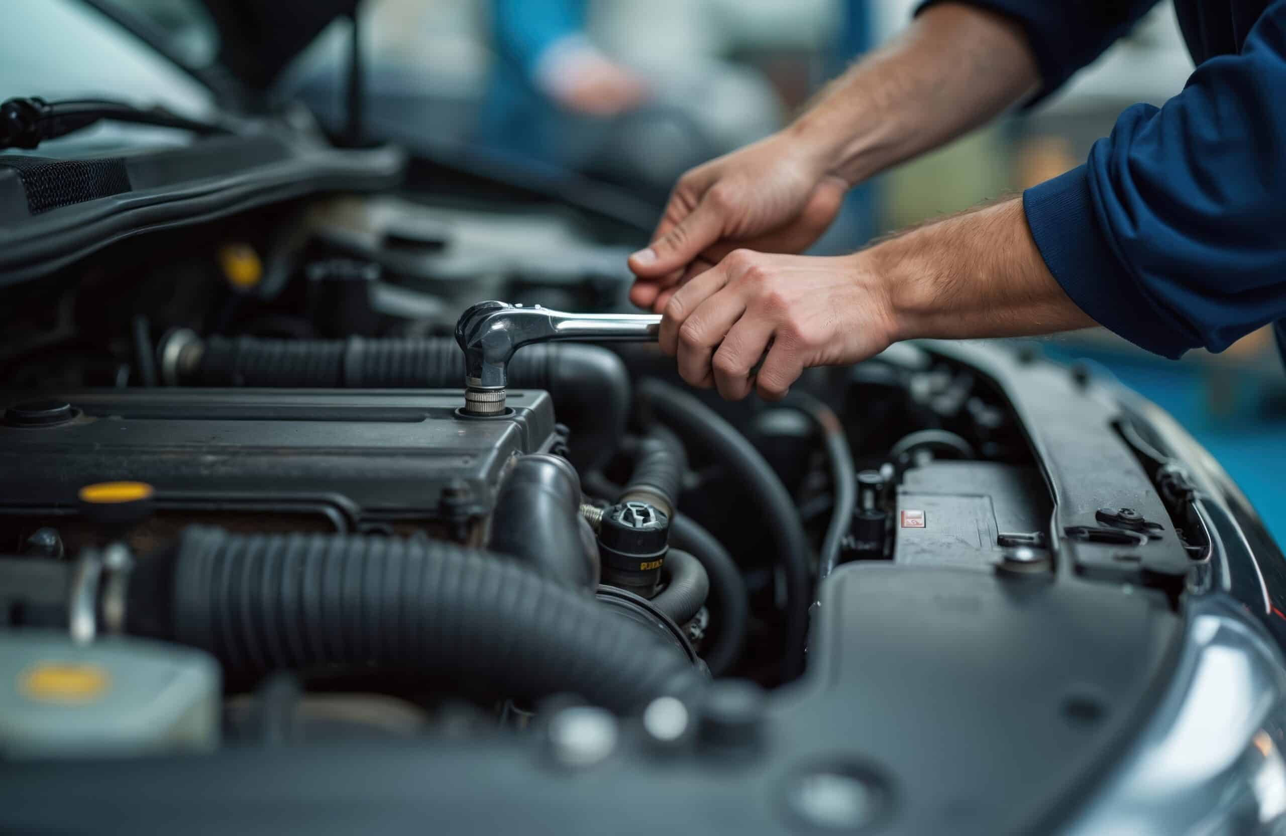 Car mechanic man repairing car engine. Hands fixing machinery in auto repair shop. Vehicle car maintenance, mechanical service, auto mobile inspection vehicle overhaul. Technician checking