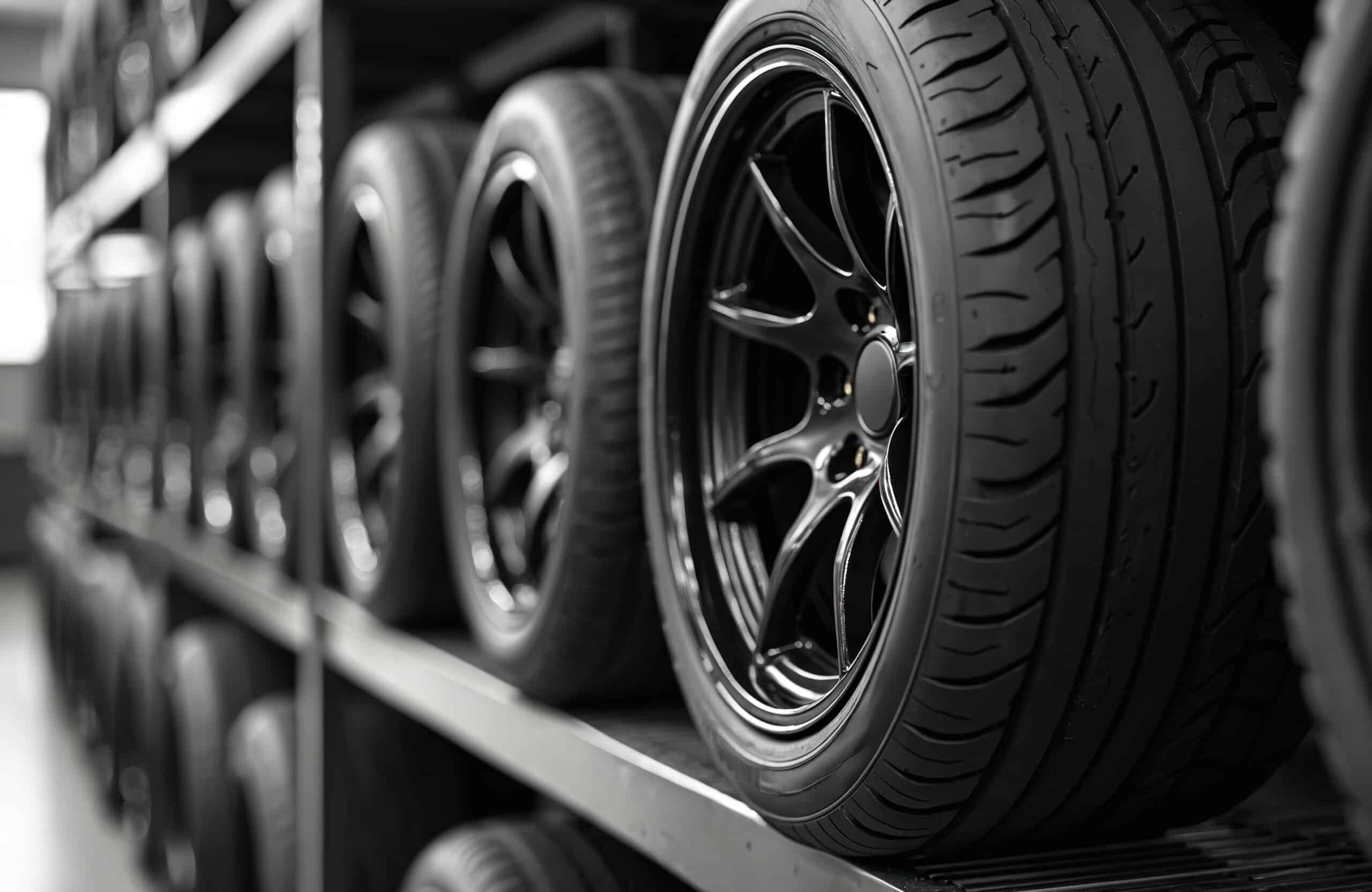 Row black tires on metal shelf. Alloy wheels, rubber tire profiles ready to use. Automotive spare parts, car service shop tire fitting workshop. Car wheels in store.